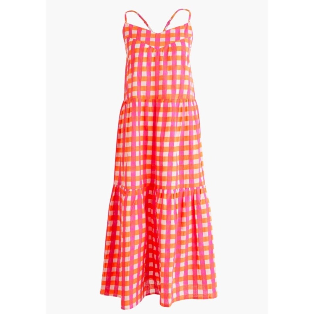 J.Crew x SZ Blockprints Gingham Tiered Midi Dress Pink Orange‎ Size L